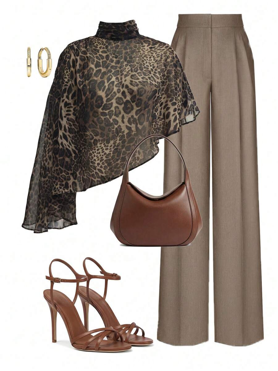 SHEIN Clasi Women's Leopard Print Stand Collar Casual Versatile Daily Wear Shirt - Black - View 1