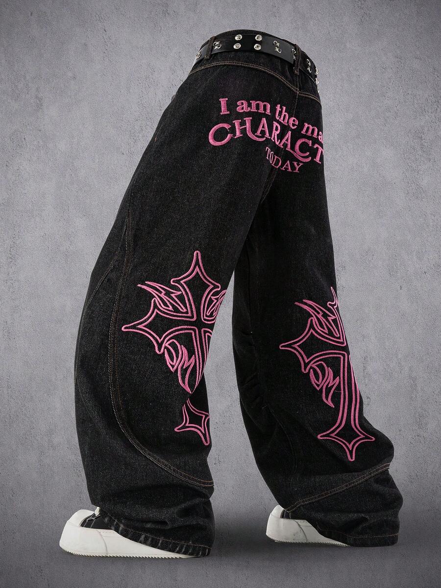 Manfinity Denimwave 男士街頭風 Grunge Y2K 哥德休閒做舊刺繡黑粉配色寬腿牛仔褲，適合演唱會、度假、海灘、假期、Rave、秋季
