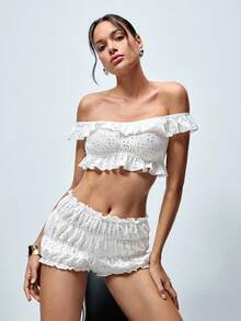 Softvol 2pcs Women White Cropped Top And Shorts Pajama Set, Sleepwear Loungewear - White - View 9