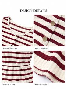 ELLERISSA Plus Size Beige & Red Stripe Round Neck Sleeveless Front Button Waffle Knit Mini Dress - Red - View 7