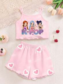 少女奶油色系 K-POP 卡通女孩圖案休閒細肩帶上衣與短褲家居服套裝，適合春夏穿著 - 彩色 - View 3