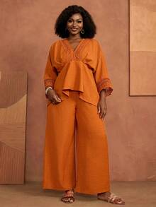 Zaforene 2pcs/Set Plus Size Women Autumn Casual Lace Patchwork Solid Burnt Orange Loose Blouse And Wide Leg Pants 2-Piece Set Festival Halloween - Burnt Orange - View 4