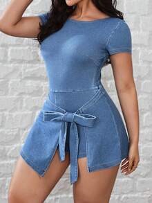 SHEIN Unity 大码女式圆领短袖腰部系带侧开衩牛仔连衣裙 - 藍色 - 查看 3