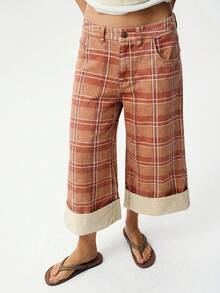 Bohemela BOHO 1960s 復古 70s 夏秋休閒梭織格紋印花寬鬆女款長褲 Y2K 灰色格紋，適合海灘、早午餐、度假、日常出遊 - 彩色 - 查看 4