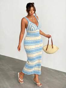 Firerie Vestido de punto a rayas con bloques de color casual para vacaciones talla grande - Azul - Ver 6