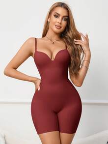 SHEIN 女款純色細肩帶塑形連身短褲，1件裝 - 酒紅色 - 查看 4