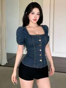 Joudiya 夏季修身優雅派對音樂節短袖女款牛仔上衣 - 深色水洗藍 - 查看 5