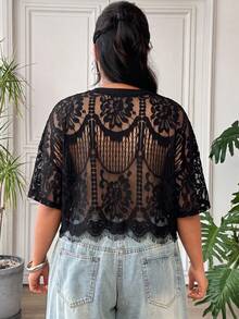 SHEIN EZwear 大尺碼女款蕾絲性感百搭上衣，適合約會與外出 - 黑色 - 查看 2