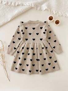 SHEIN Baby Girl Heart Jacquard Cute Ruffle Pleated Sweater Autumn Winter Dress - Khaki - View 2