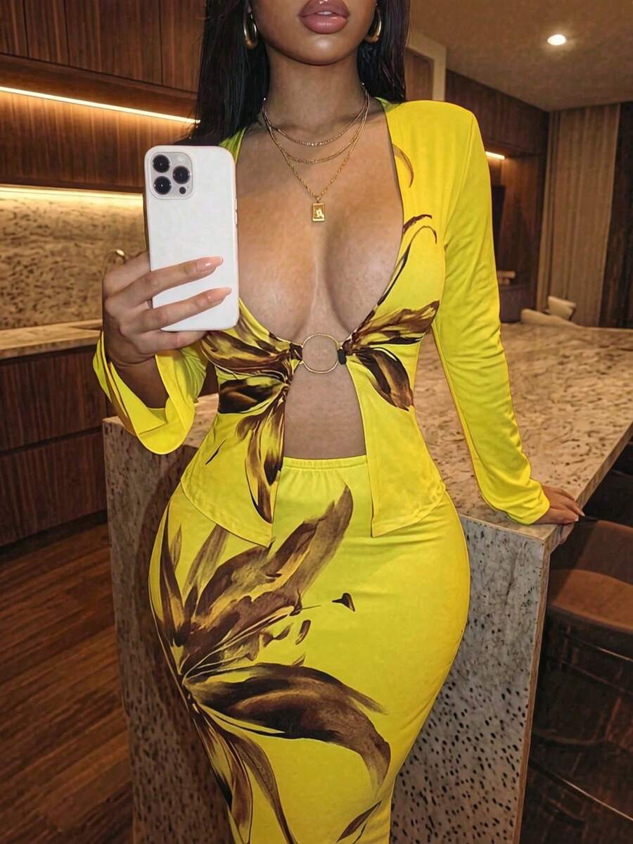 Slaydiva 2026 Neuester lässig Urlaubs Strand Eleganter Sexy Blume Muster Ausgeschnittenes Top und bedruckter Rock Zweiteiler, Sexy Strand Urlaubs Zweiteiler Cover Up