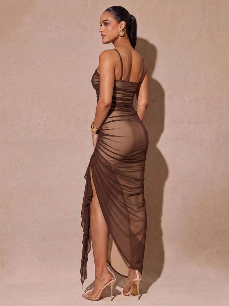 Silquee Women's Sexy Pleated Ribbon Slit Hem Cami Dress For Vacation - Brown - View 2
