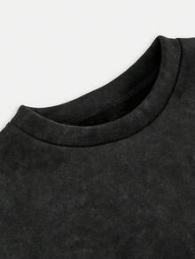 SHEIN 女童休閒日常時尚水洗布料深灰色圓領短袖短版上衣與直筒長褲套裝 - 深灰色 - 查看 3