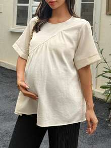 Dazy Maternity 小圓領套頭短袖白色春夏百搭日常穿著孕婦上衣 - 杏色 - 查看 9