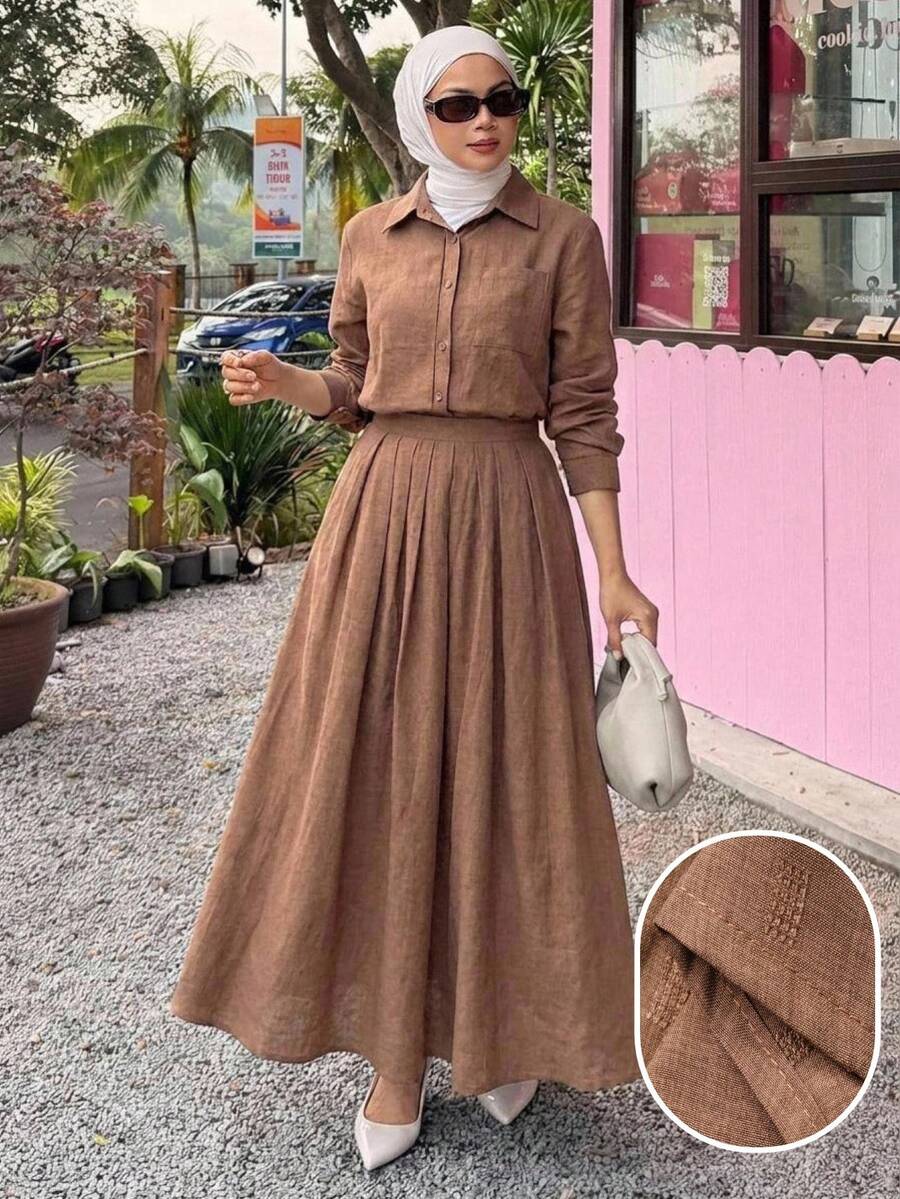 DAZY Spring/Summer Women's Casual Style Shirt & A-Line Skirt 2 Pieces Set - Brown - View 1