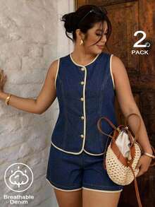 Lounesse Plus Size Single-Breasted Sleeveless Round Neck Top And Denim Shorts 2 Pieces Set - Blue - View 2