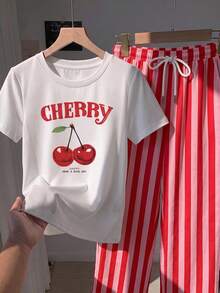 SHEIN EZwear 女款櫻桃印花T恤與條紋長褲兩件套 - 彩色 - 查看 4
