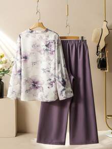 Modelyn Women's Tie Dye Print Top And Solid Color Wide Leg Pants Casual Comfortable Versatile Plus Size 2-Piece Set Fall - Multicolor - View 2