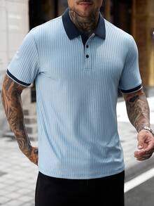 Manfinity CasualCool Men's Button Half-Placket Ribbed Short Sleeve Polo Shirt - Blue - View 4
