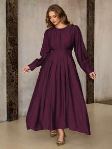 Roveilla Plus Size Women's Spring Autumn Winter French Elegant Luxury Minimalist High-End Design Casual Vacation Office Commute Old Money Style Comfortable Round Neck Gathered Waist Tie Waist Flared Hem Long Sleeve Long Dress - Red Violet - View 3