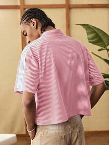 EASEVO Camisa de manga corta a rayas para hombre de talla grande con diseño de botones de rana - Rojo y blanco - Ver 4