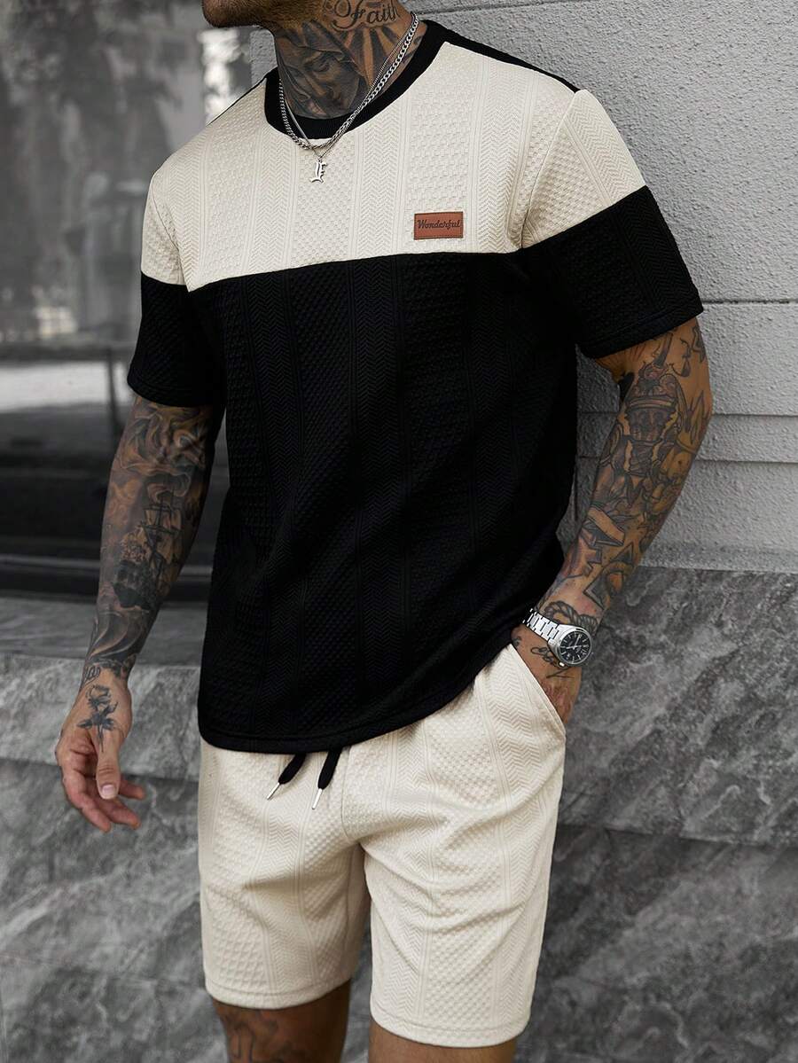 EGENSIO Men's Summer Casual Colorblock Patchwork Short Sleeve T-Shirt - Black - View 1
