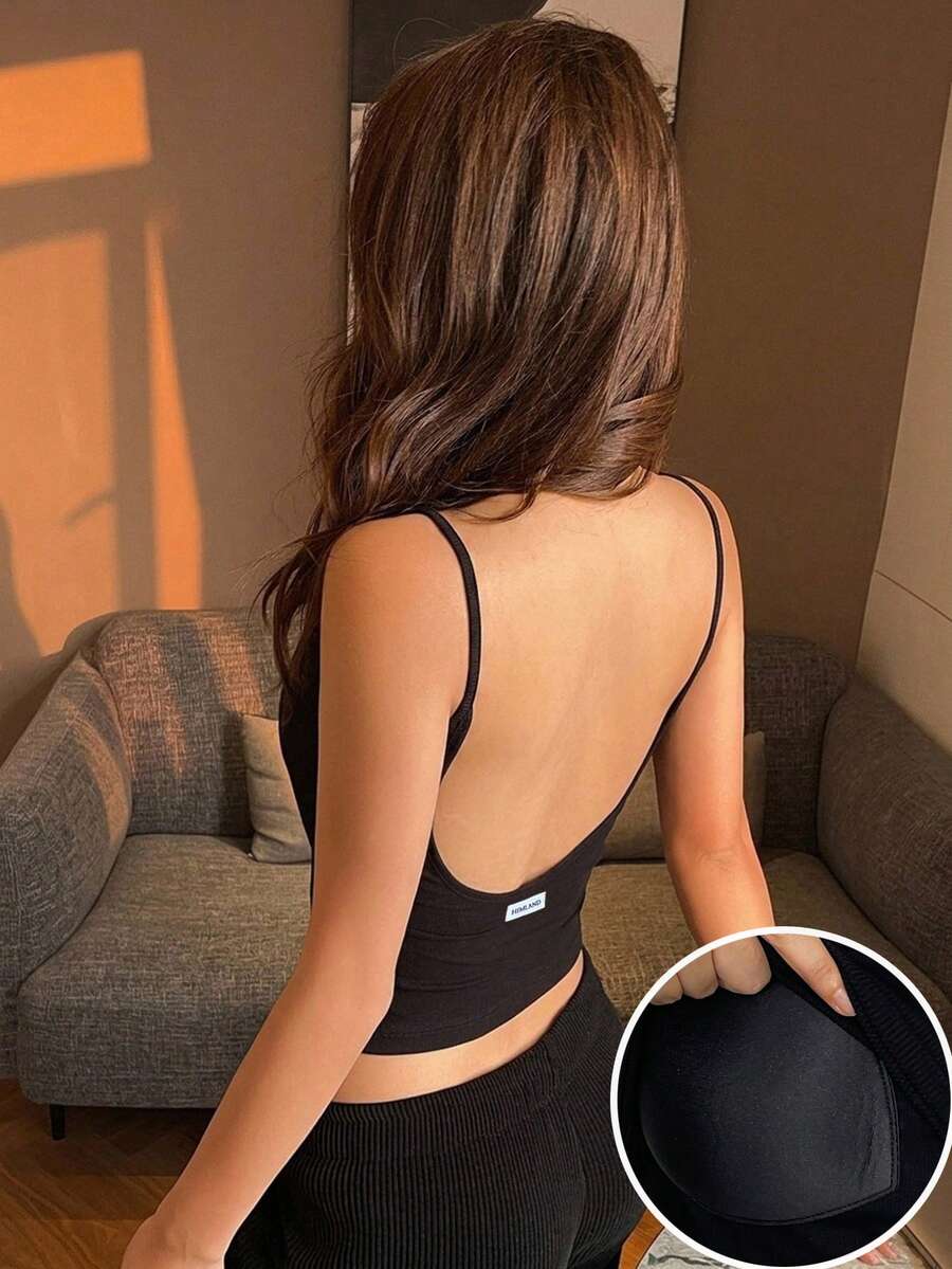 DAZY 女款素色露背修身細肩帶背心,夏季層搭內搭衣 - 黑色 - 查看 1