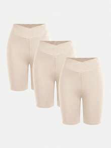 SHEIN Tween Girl Casual Basic Sports Slim Fit Wide Knitted Solid Color High Elasticity Leggings Pants 3pcs Set Apricot - Apricot - View 1