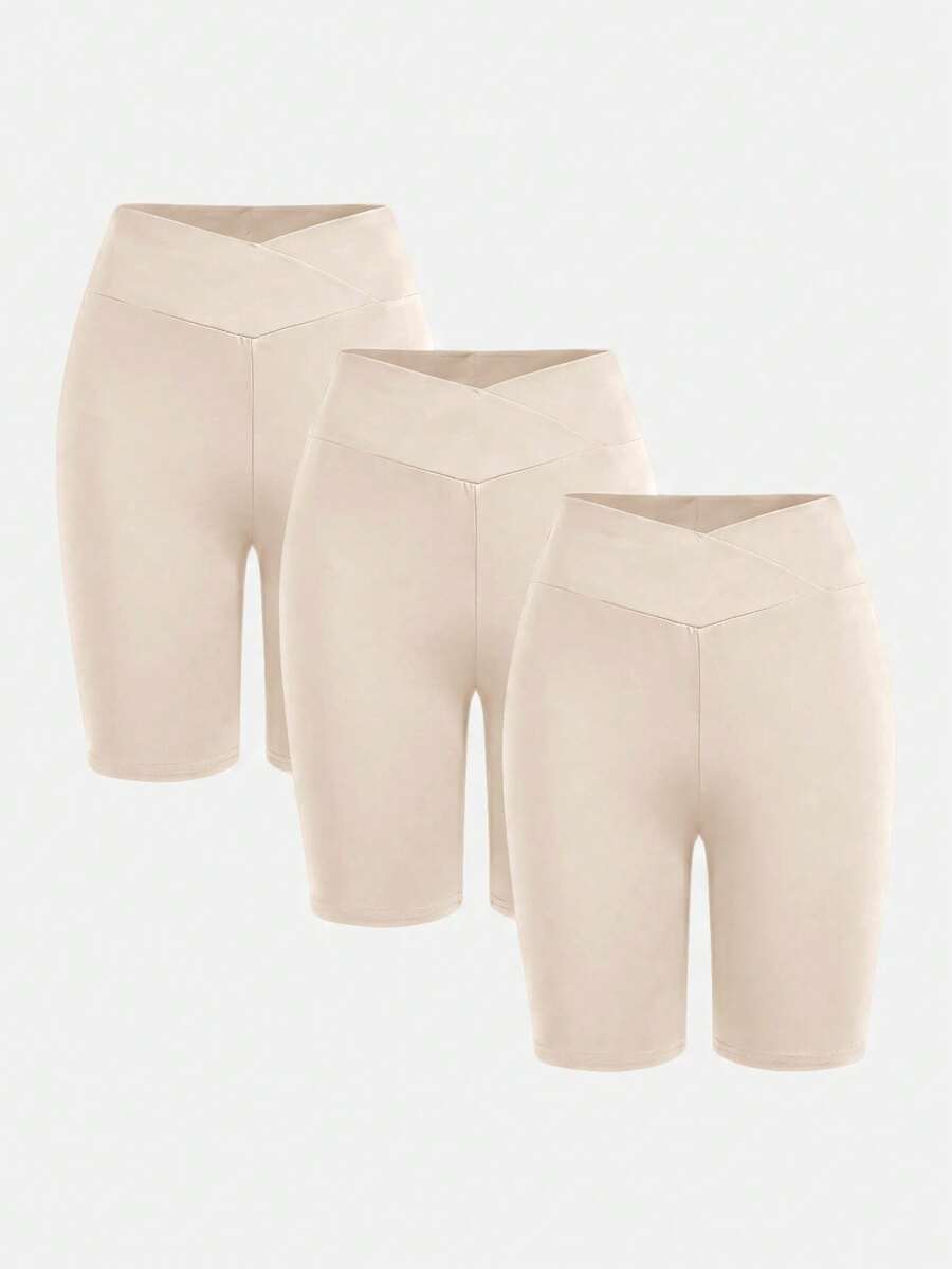 SHEIN Tween Girl Casual Basic Sports Slim Fit Wide Knitted Solid Color High Elasticity Leggings Pants 3pcs Set Apricot - Apricot - View 1