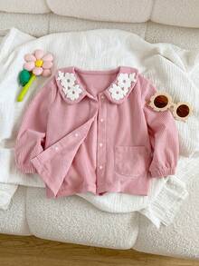 SHEIN Playful Pals 女嬰春夏秋冬純色燈芯絨夾克，舒適簡約設計搭配可愛刺繡，適合日常穿著與運動 - 粉色 - 查看 3