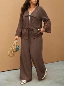 Elaquor Plus Size Boho Casual Elegant Vacation Solid Color Embroidered Patchwork Women's 2 Pieces Set Shirt + Pants Fall Formal Brown Brunch Party Evening - Mocha Brown - View 5