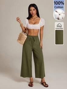 SHEIN PETITE Women's Solid Color Drawstring Waist Casual Versatile Daily Wear Wide Leg Long Pants Vacation Olive Green Summer - Army Green - View 5
