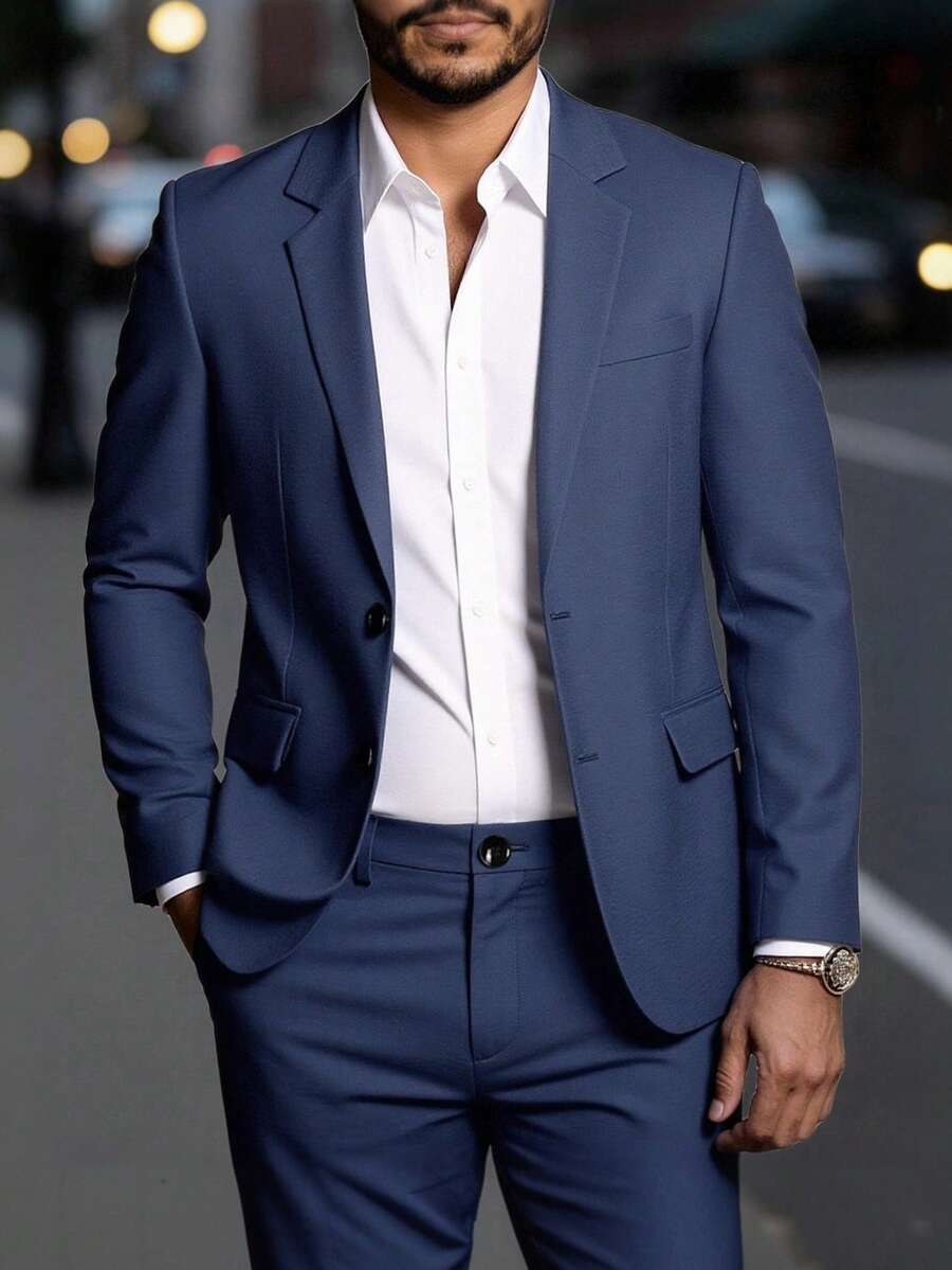 Manfinity Mode 男士素色翻領長袖單排扣西裝外套與長褲休閒套裝 - 藍色 - 查看 1