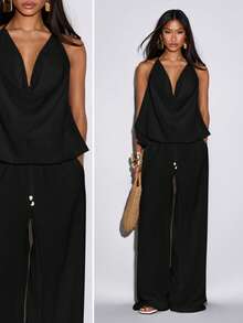 Normani Women's Solid Color Halter Tie Backless Top And Wide Leg Pants Casual Sexy Daily 2-Piece Set Club Night Out Vacation Black Summer - Black - View 8