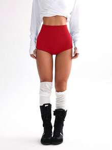 SHEIN Solid Color High Waist Seamless Mini Sports Shorts - Burgundy - View 3