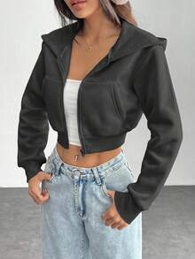 SHEIN PETITE Women Solid Color Front Zipper Long Sleeve Pocket - Dark Grey - View 6
