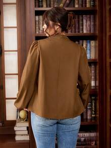 Vionelle Plus Size Women's Autumn/Winter New Ruched Elegant Commute Long Sleeve Loose Blouse Fall - Coffee Brown - View 2