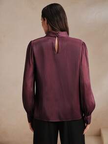 Anewsta Women's Elegant Heavy Embroidery Semi-High Neck Frill Trim Blouse - Purple - View 8