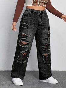 SHEIN ICON Jeans de pierna recta de novio con efecto desgastado para talla grande - Gris Oscuro - Ver 4