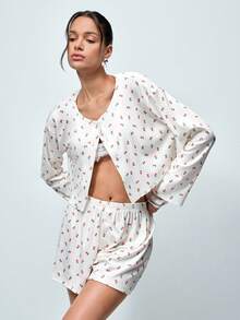 Softvol 2pcs Women's Round Neck Drop Shoulder Print Cardigan + Elastic Waist Button Front Shorts Set - White - View 8