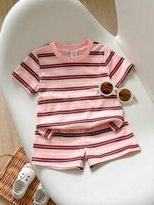 SHEIN Playful Pals 女嬰休閒時尚日常圓領標準肩短袖短版粉色T恤，附3D蝴蝶結與鬆緊腰短褲套裝 - 彩色 - 查看 1