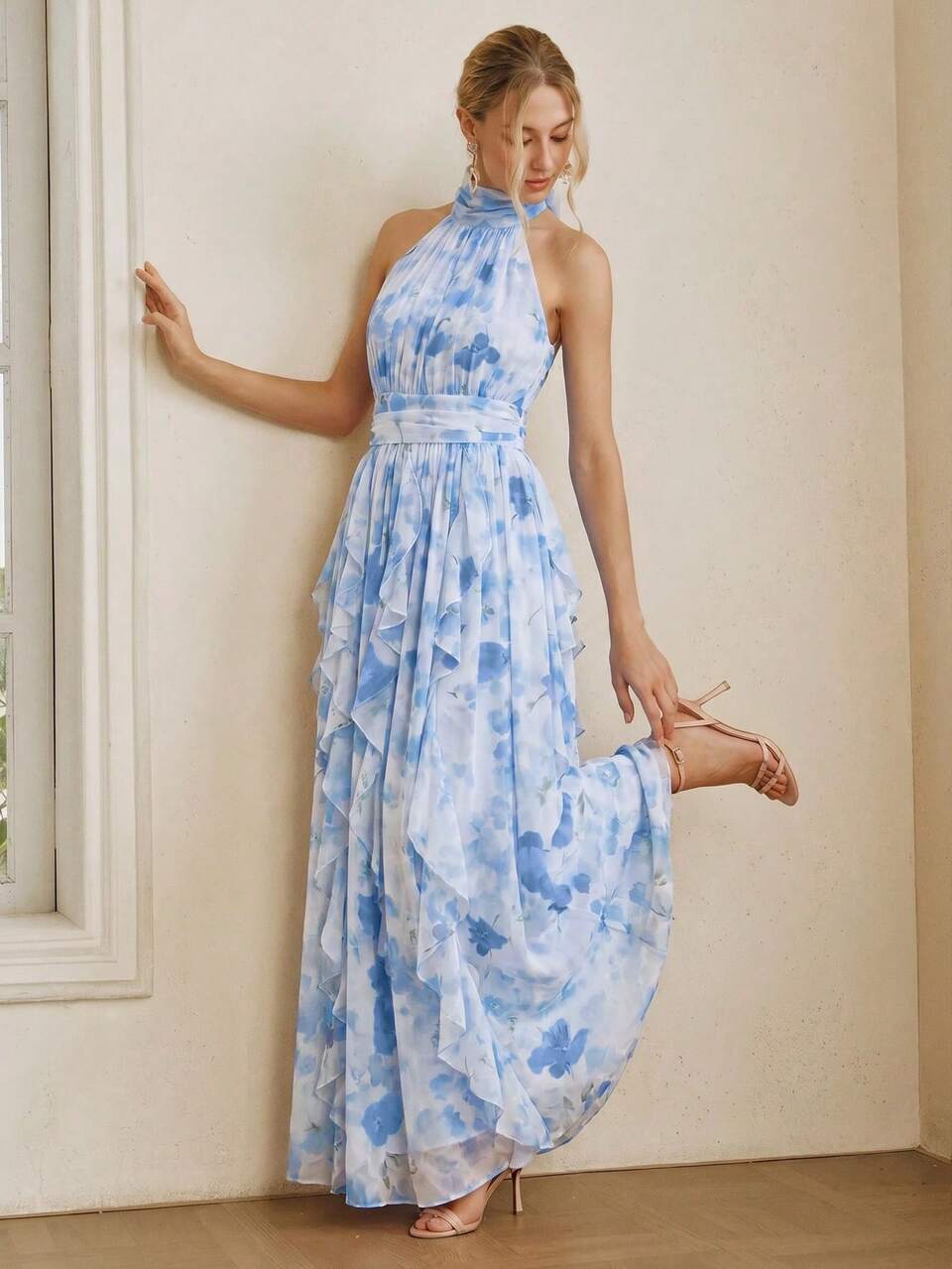 Anewsta Graceful Women's Floral Pattern Halter Neck Midi Dress Flowy And Comfortable For Your Next Resort Getaway