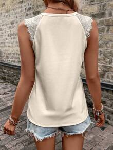 EMERY ROSE Camiseta sin mangas de mujer con cuello redondo, patchwork de encaje, estilo francés - Albaricoque - Ver 2