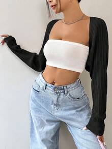 SHEIN EZwear 1pc Shrug Lightweight Sheer Cardigan,Long Sleeve Tops,Knitted Sweater In Summer/ Everyday Black Sexy - Black - View 4