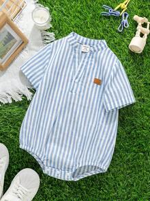 SHEIN 嬰兒男童女童休閒日常小立領前開襟連身衣，適合春夏居家與戶外穿著 - 藍色 - 查看 3