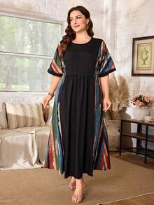 Lacomfia Vestido casual de mujer para primavera/verano con rayas de colores contrastantes, manga corta, talla grande - Negro - Ver 3