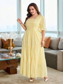 Modelyn Vestido de mujer primavera/verano bordado con textura amarillo pálido cuello cuadrado manga corta talla grande - Amarillo - Ver 3