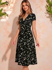 Amorya Women's Floral V-Neck Pocket Elegant Vacation Dress - Black - View 5