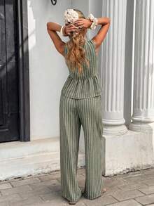 Serisse Casual Minimalist Green Striped Women's 2 Pieces Set Suitable For Summer - Green - View 3