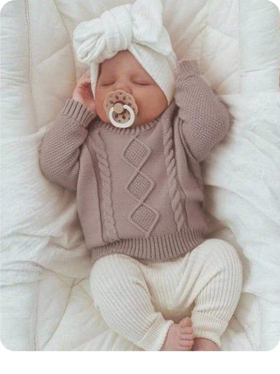 SHEIN Baby Girl Cable Knit Round Neck Long Sleeve Casual Versatile Autumn Winter Sweater - Khaki - View 1