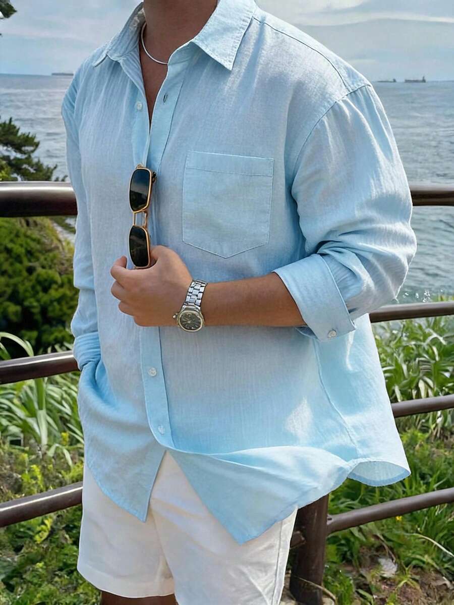 DAZY 男士前扣長袖休閒襯衫 夏季 - 藍色 - 查看 1